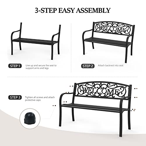 VINGLI 50" Patio Outdoor Metal Welcome Bench,Powder Coated Cast Iron Steel for Garden Path Yard Lawn Work Entryway Decor Deck, Black