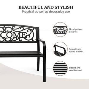 VINGLI 50" Patio Outdoor Metal Welcome Bench,Powder Coated Cast Iron Steel for Garden Path Yard Lawn Work Entryway Decor Deck, Black