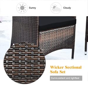 Tangkula 8 PCS Patio Rattan Conversation Set, Outdoor Wicker Furniture Set with Tempered Glass Coffee Table &Thick Cushion, Rattan Chair Wicker Set for Garden, Lawn, Poolside and Backyard (2, Black)