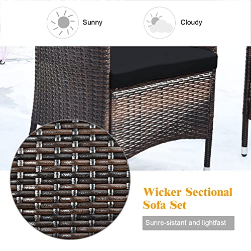 Tangkula 8 PCS Patio Rattan Conversation Set, Outdoor Wicker Furniture Set with Tempered Glass Coffee Table &Thick Cushion, Rattan Chair Wicker Set for Garden, Lawn, Poolside and Backyard (2, Black)