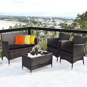 Tangkula 8 PCS Patio Rattan Conversation Set, Outdoor Wicker Furniture Set with Tempered Glass Coffee Table &Thick Cushion, Rattan Chair Wicker Set for Garden, Lawn, Poolside and Backyard (2, Black)