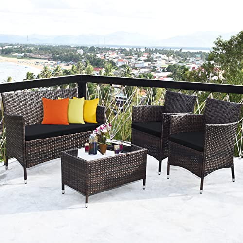 Tangkula 8 PCS Patio Rattan Conversation Set, Outdoor Wicker Furniture Set with Tempered Glass Coffee Table &Thick Cushion, Rattan Chair Wicker Set for Garden, Lawn, Poolside and Backyard (2, Black)