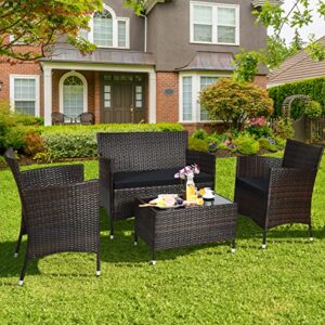 Tangkula 8 PCS Patio Rattan Conversation Set, Outdoor Wicker Furniture Set with Tempered Glass Coffee Table &Thick Cushion, Rattan Chair Wicker Set for Garden, Lawn, Poolside and Backyard (2, Black)