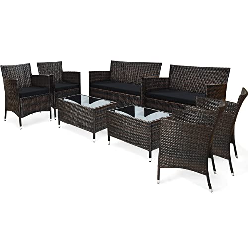 Tangkula 8 PCS Patio Rattan Conversation Set, Outdoor Wicker Furniture Set with Tempered Glass Coffee Table &Thick Cushion, Rattan Chair Wicker Set for Garden, Lawn, Poolside and Backyard (2, Black)