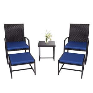 5-piece wicker outdoor conversation sets patio furniture pe rattan all weather cushioned chairs bistro set with ottoman and glass coffee side table for balcony porch, dark blue