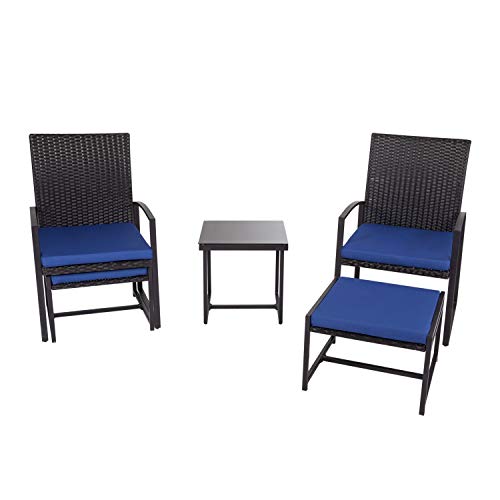 5-Piece Wicker Outdoor Conversation Sets Patio Furniture PE Rattan All Weather Cushioned Chairs Bistro Set with Ottoman and Glass Coffee Side Table for Balcony Porch, Dark Blue