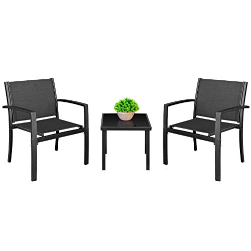 Homall 3 Pieces Patio Furniture Set Outdoor Patio Conversation Set Textilene Bistro Set Modern Porch Furniture Lawn Chairs with Coffee Table for Home, Lawn and Balcony (Black)