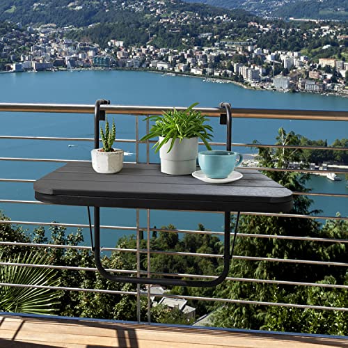 Balcony Table Hanging Deck Railing Table Outdoor Balcony Bar Table for Railings Aluminium Folding Adjustable for Patio Deck Garden Baluster Windows 23.6" x 15.7", All Weather Space Saving Black