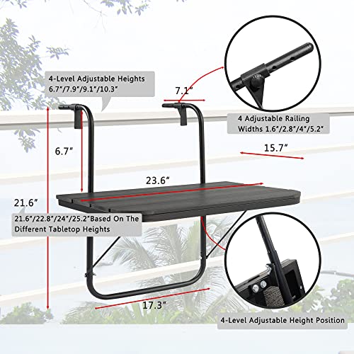 Balcony Table Hanging Deck Railing Table Outdoor Balcony Bar Table for Railings Aluminium Folding Adjustable for Patio Deck Garden Baluster Windows 23.6" x 15.7", All Weather Space Saving Black