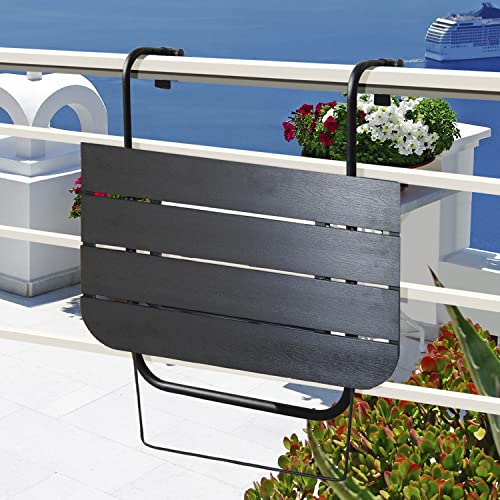 Balcony Table Hanging Deck Railing Table Outdoor Balcony Bar Table for Railings Aluminium Folding Adjustable for Patio Deck Garden Baluster Windows 23.6" x 15.7", All Weather Space Saving Black