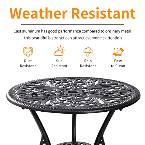 Withniture Bistro Set 3 Piece Outdoor,Cast Aluminum Patio Bistro Sets with 1.97''Umbrella Hole,Rust-Resistant Outdoor Table and Chairs,Patio Furniture Set for Garden,Park (Black)