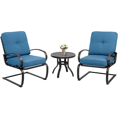 SUNLEI Outdoor 3Pcs Patio Bistro Set Springs Motion Chairs and Bistro Round Table Set, Steel Frame Conversation Set Garden, and Backyard with Cushioned Seats(Peacock Blue)