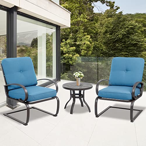 SUNLEI Outdoor 3Pcs Patio Bistro Set Springs Motion Chairs and Bistro Round Table Set, Steel Frame Conversation Set Garden, and Backyard with Cushioned Seats(Peacock Blue)