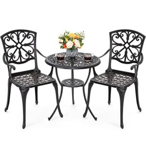 nuu garden 3 piece bistro table set cast aluminum outdoor furniture weather resistant patio table and chairs with umbrella hole for yard, balcony, porch, black with antique bronze at the edge