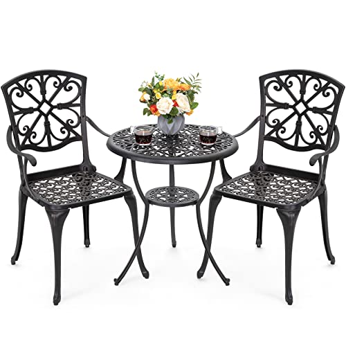 Nuu Garden 3 Piece Bistro Table Set Cast Aluminum Outdoor Furniture Weather Resistant Patio Table and Chairs with Umbrella Hole for Yard, Balcony, Porch, Black with Antique Bronze at The Edge