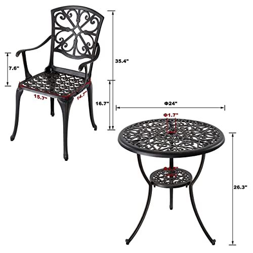 Nuu Garden 3 Piece Bistro Table Set Cast Aluminum Outdoor Furniture Weather Resistant Patio Table and Chairs with Umbrella Hole for Yard, Balcony, Porch, Black with Antique Bronze at The Edge