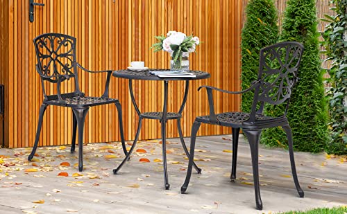 Nuu Garden 3 Piece Bistro Table Set Cast Aluminum Outdoor Furniture Weather Resistant Patio Table and Chairs with Umbrella Hole for Yard, Balcony, Porch, Black with Antique Bronze at The Edge