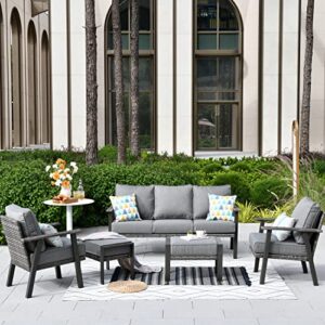 ovios patio furniture set 5 pcs all weather outdoor wicker rattan sofa set with ottomans high back sofa thick cushion garden backyard porch (dark grey)
