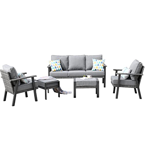 ovios Patio Furniture Set 5 PCS All Weather Outdoor Wicker Rattan Sofa Set with Ottomans High Back Sofa Thick Cushion Garden Backyard Porch (Dark Grey)