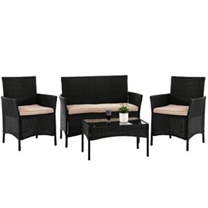 4 pieces rattan furniture, wicker conversation set patio set outdoor patio furniture sets poolside lawn chairs garden furniture for outdoor balcony poolside porch, black