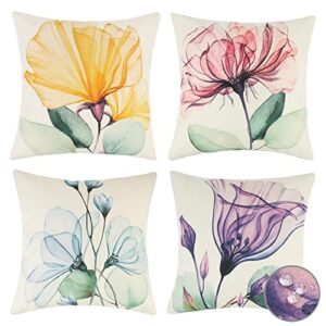 merrycolor outdoor pillow covers 18×18 waterproof set of 4 colorful flower decorative cushion covers summer outdoor throw pillows cover for patio furniture(pink purple yellow blue)