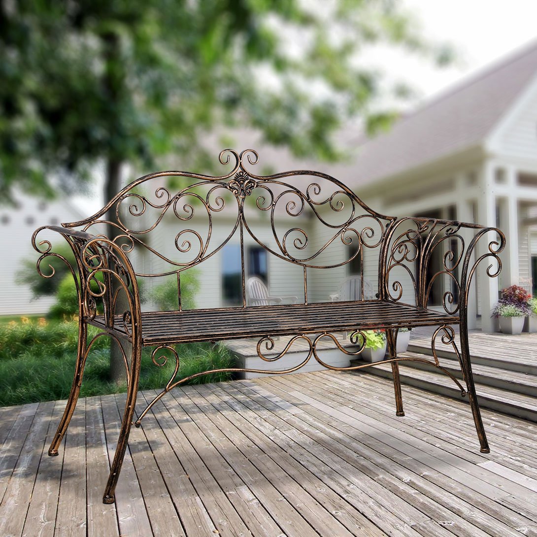 HLC Antique Bronze Metal Garden Bench Chair 2 Seater for Garden, Yard, Patio, Porch and Sunroom