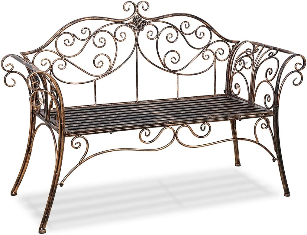 HLC Antique Bronze Metal Garden Bench Chair 2 Seater for Garden, Yard, Patio, Porch and Sunroom