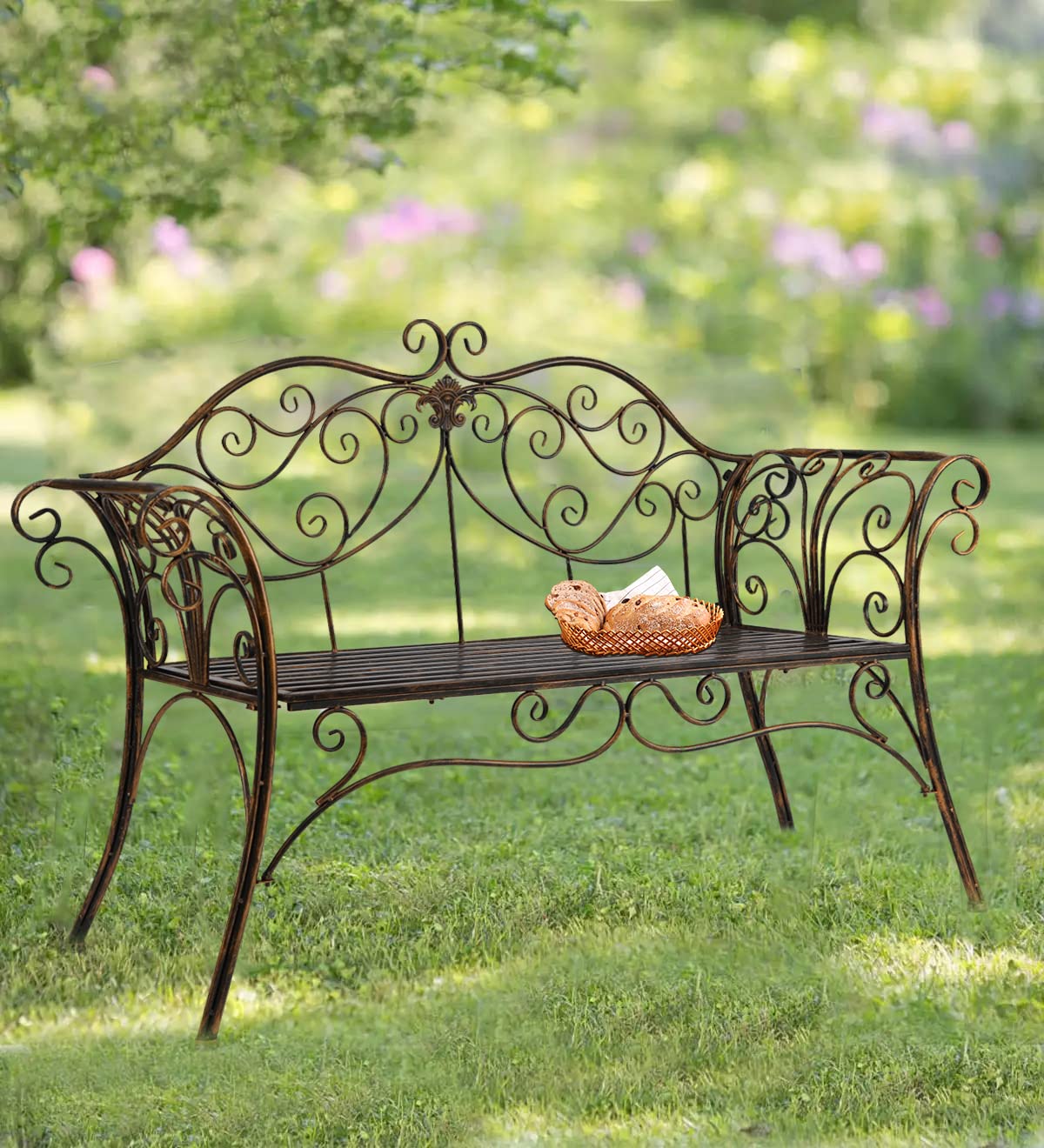 HLC Antique Bronze Metal Garden Bench Chair 2 Seater for Garden, Yard, Patio, Porch and Sunroom