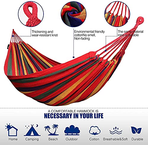 Outdoor Double Hammock, Portable Cotton Canvas Hammock for 2 Person, Max Load is 450lbs with Carry Bag, Tree Strap and Rope, Porch, Garden, Outdoor/Indoor, Patio and Backyard for Camping