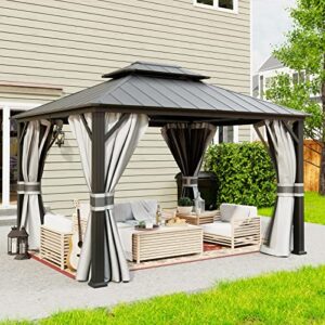 amopatio 10′ x 12′ hardtop gazebo,galvanized steel double roof permanent aluminum gazebos with curtains & mosquito netting for patio, lawn and garden,grey