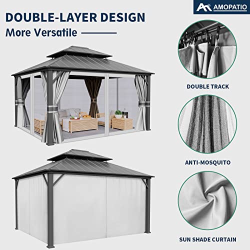 Amopatio 10' X 12' Hardtop Gazebo,Galvanized Steel Double Roof Permanent Aluminum Gazebos with Curtains & Mosquito Netting for Patio, Lawn and Garden,Grey