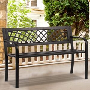 yiqiedey garden bench outdoor bench patio bench metal bench with mesh pattern, outdoor benches black park bench sturdy steel frame furniture for park yard front porch path lawn work entryway, 400lbs
