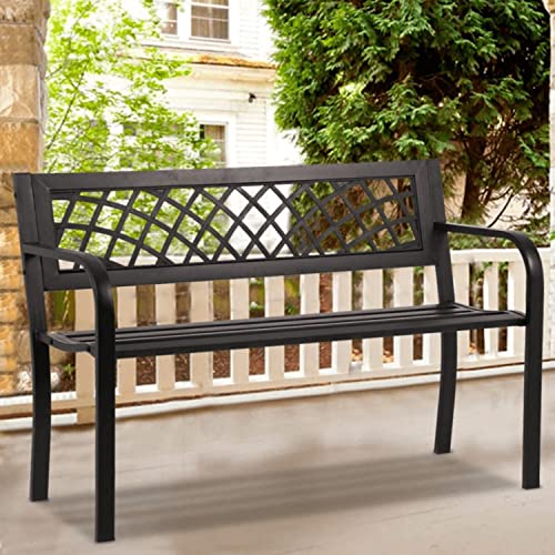 YIQIEDEY Garden Bench Outdoor Bench Patio Bench Metal Bench with Mesh Pattern, Outdoor Benches Black Park Bench Sturdy Steel Frame Furniture for Park Yard Front Porch Path Lawn Work Entryway, 400lbs