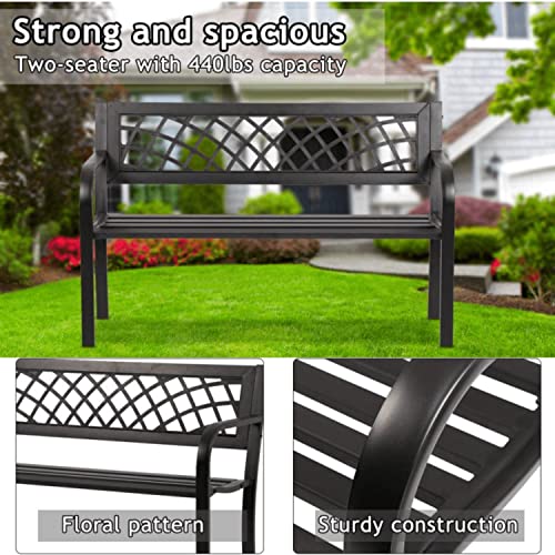 YIQIEDEY Garden Bench Outdoor Bench Patio Bench Metal Bench with Mesh Pattern, Outdoor Benches Black Park Bench Sturdy Steel Frame Furniture for Park Yard Front Porch Path Lawn Work Entryway, 400lbs