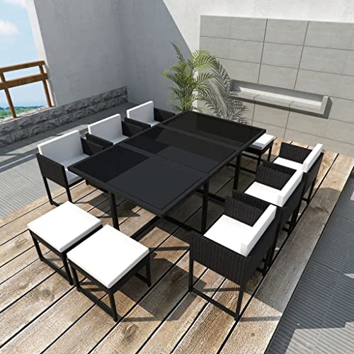 QZZCED 11 Piece Patio Dining Set with Cushions,Outdoor Bar Table,Patio Bar Set,Modern Outdoor Furniture,Dining Bench with Back,Bistro Set,for Patio Deck Garden,Backyard & Lawn,Poly Rattan Black