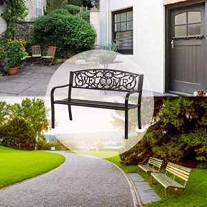50" Patio Garden Outdoor Bench w/Welcoming Vines Decorative & Armrest Metal Park Bench Antique Bronze Outside Patio Furniture for Front Porch, Backyard, Lawn, Garden, Pool, Dec