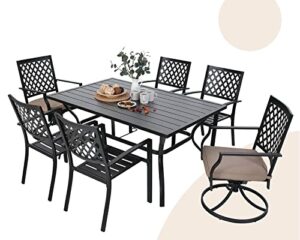 mfstudio 7-piece metal outdoor patio dining set with 6 armrest chairs and 1 steel rectangular table with 1.57“ umbrella hole, l60 x w38 x h28 table, 4 backyard garden chairs, 2 swivel chairs, black