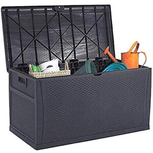 oakmont 120 gallon patio deck box, outdoor large resin wicker storage container garden furniture for outdoor cushions, throw pillows, dark grey