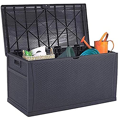 Oakmont 120 Gallon Patio Deck Box, Outdoor Large Resin Wicker Storage Container Garden Furniture for Outdoor Cushions, Throw Pillows, Dark Grey