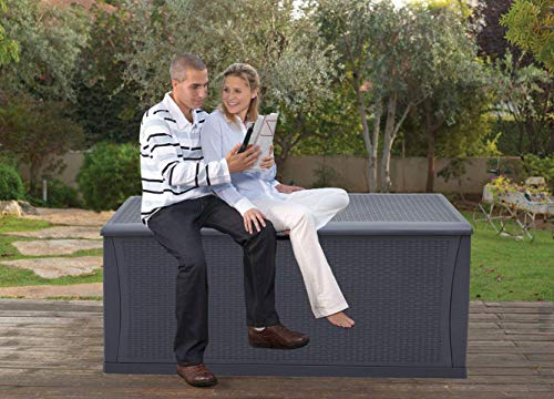 Oakmont 120 Gallon Patio Deck Box, Outdoor Large Resin Wicker Storage Container Garden Furniture for Outdoor Cushions, Throw Pillows, Dark Grey