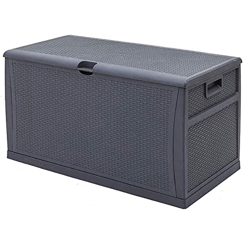 Oakmont 120 Gallon Patio Deck Box, Outdoor Large Resin Wicker Storage Container Garden Furniture for Outdoor Cushions, Throw Pillows, Dark Grey