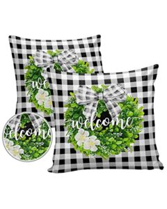 outdoor pillows 18×18 waterproof outdoor pillow covers spring green wreath boxwood polyester throw pillow covers garden cushion decorative case for patio couch decoration set of 2 farmhouse plaid