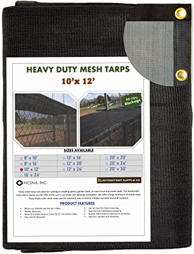 Windscreensupplyco 60-70% 10 FT X 12 FT Mesh Tarp/Shade Cloth 9-Needle Knitted Heavy Duty Black with Grommets for Green House, Garden, pergola, Pools, Dump Truck