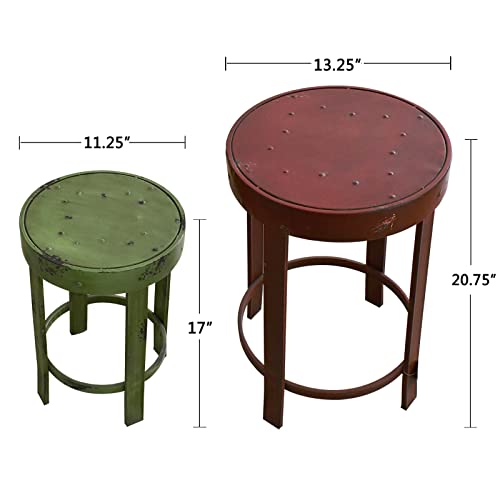 Morning View Nostalgic Metal Nesting Tables Set of 2 Round Planter Pot Stand Outdoor End Table Decorative Garden Stool Porch Patio Decor(Green and Red)