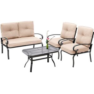 crownland 4 pieces outdoor furniture patio conversation set (loveseat, 2 patio dining chairs, coffee table), metal frame is suitable for garden yard balcony (brown)