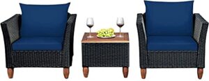 happygrill 3 pieces patio conversation set pe rattan wicker sofa set with cushions, outdoor furniture set with acacia wood coffee table for balcony backyard porch garden