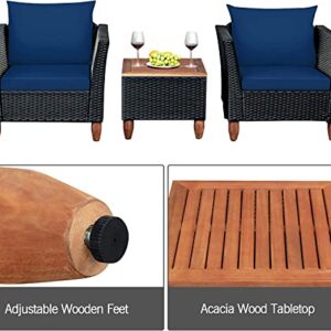 HAPPYGRILL 3 Pieces Patio Conversation Set PE Rattan Wicker Sofa Set with Cushions, Outdoor Furniture Set with Acacia Wood Coffee Table for Balcony Backyard Porch Garden