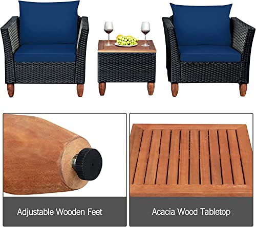 HAPPYGRILL 3 Pieces Patio Conversation Set PE Rattan Wicker Sofa Set with Cushions, Outdoor Furniture Set with Acacia Wood Coffee Table for Balcony Backyard Porch Garden