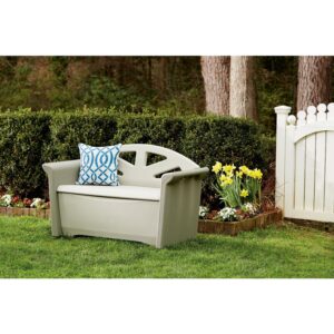 Rubbermaid Resin Weather Resistant Deck Box Bench, 4' L x 2'1" W x 3' H, Olive/Sandstone, Storage for Garden/Pool Accessories/Cushions, Indoor/Outdoor Home Organization Bin