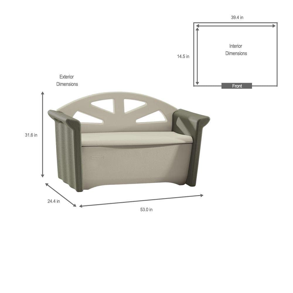 Rubbermaid Resin Weather Resistant Deck Box Bench, 4' L x 2'1" W x 3' H, Olive/Sandstone, Storage for Garden/Pool Accessories/Cushions, Indoor/Outdoor Home Organization Bin